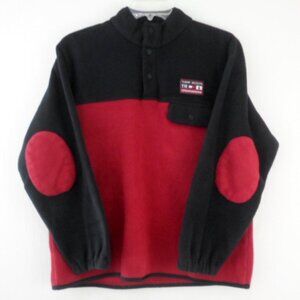 Vintage Tommy Hilfiger Black Red Fleece Snap Pullover Jacket Elbow Patches